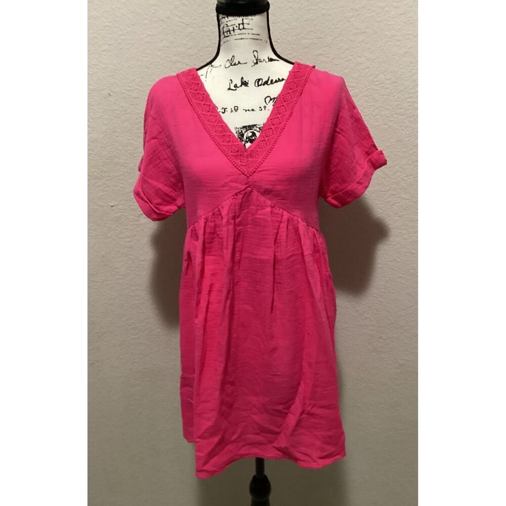Shein Vcay Pink V-Neck Babydoll Tunic Short Sleeves Lace Trim Women's Size S